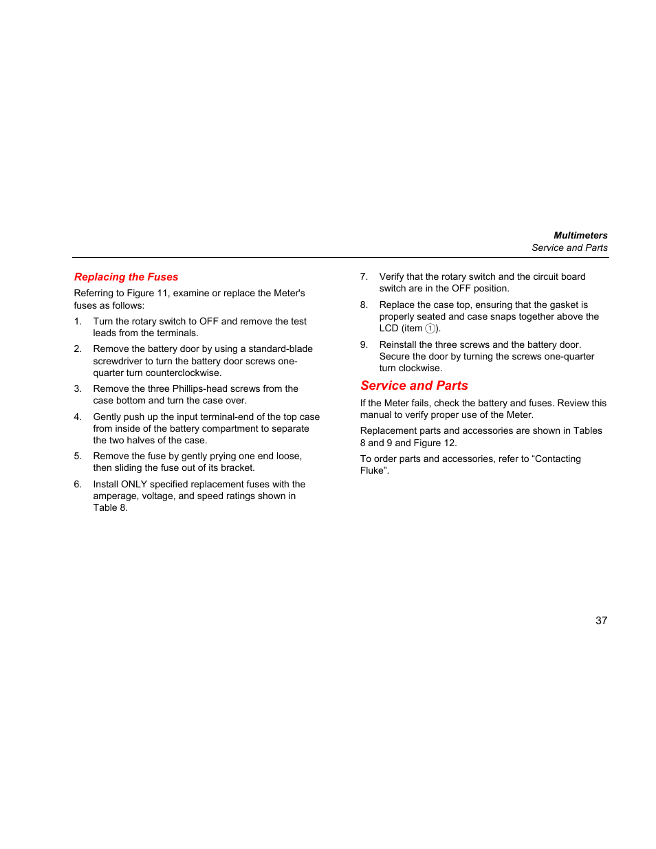 Replacing the fuses, Service and parts | Fluke 87 V User Manual | Page 45 / 60