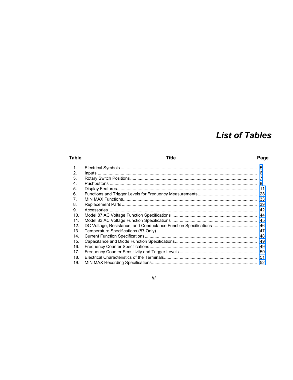 List of tables | Fluke 87 V User Manual | Page 5 / 60