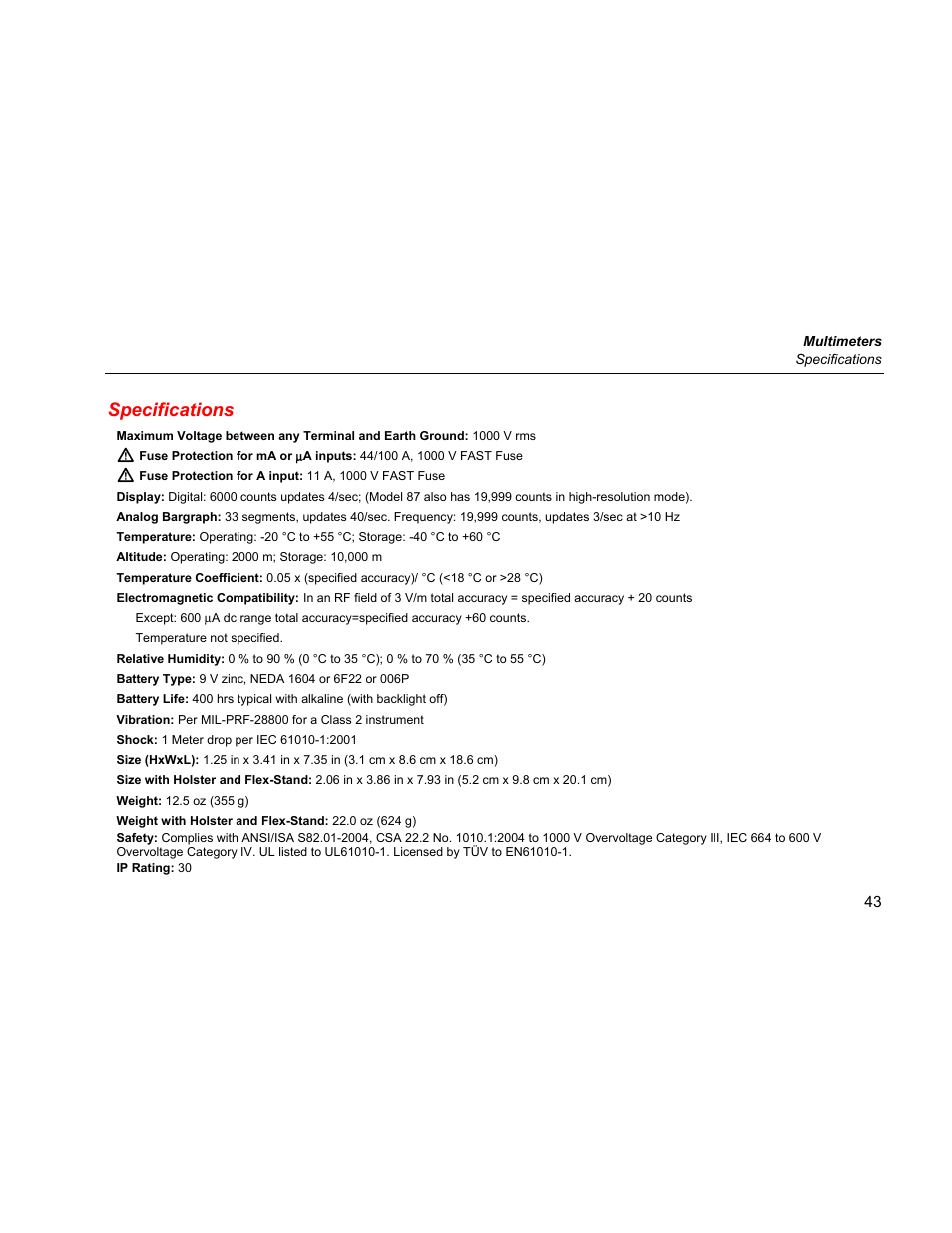 Specifications | Fluke 87 V User Manual | Page 51 / 60