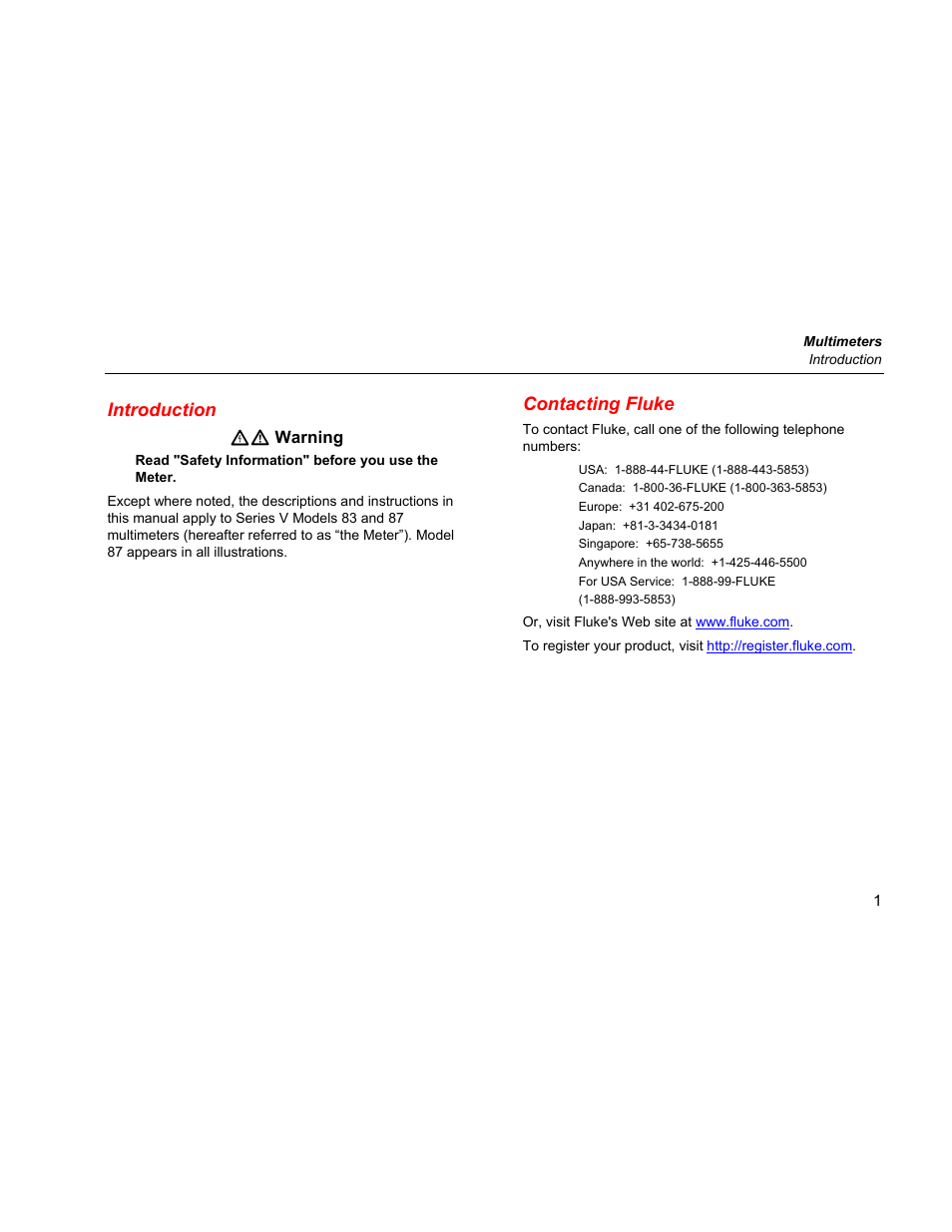 Introduction, Contacting fluke | Fluke 87 V User Manual | Page 9 / 60