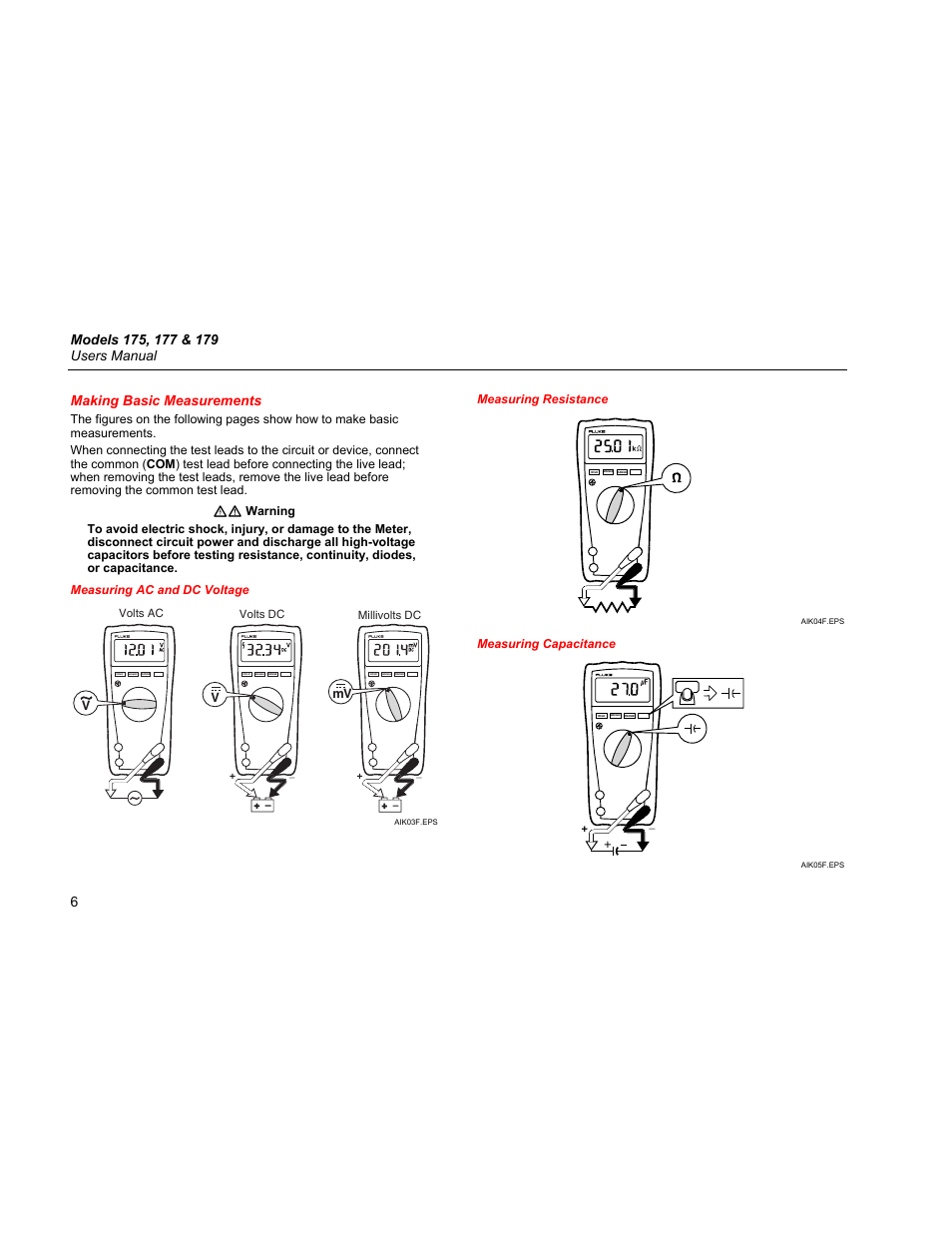 Making basic measurements, Measuring ac and dc voltage, Measuring resistance | Measuring capacitance | Fluke 179 User Manual | Page 10 / 18