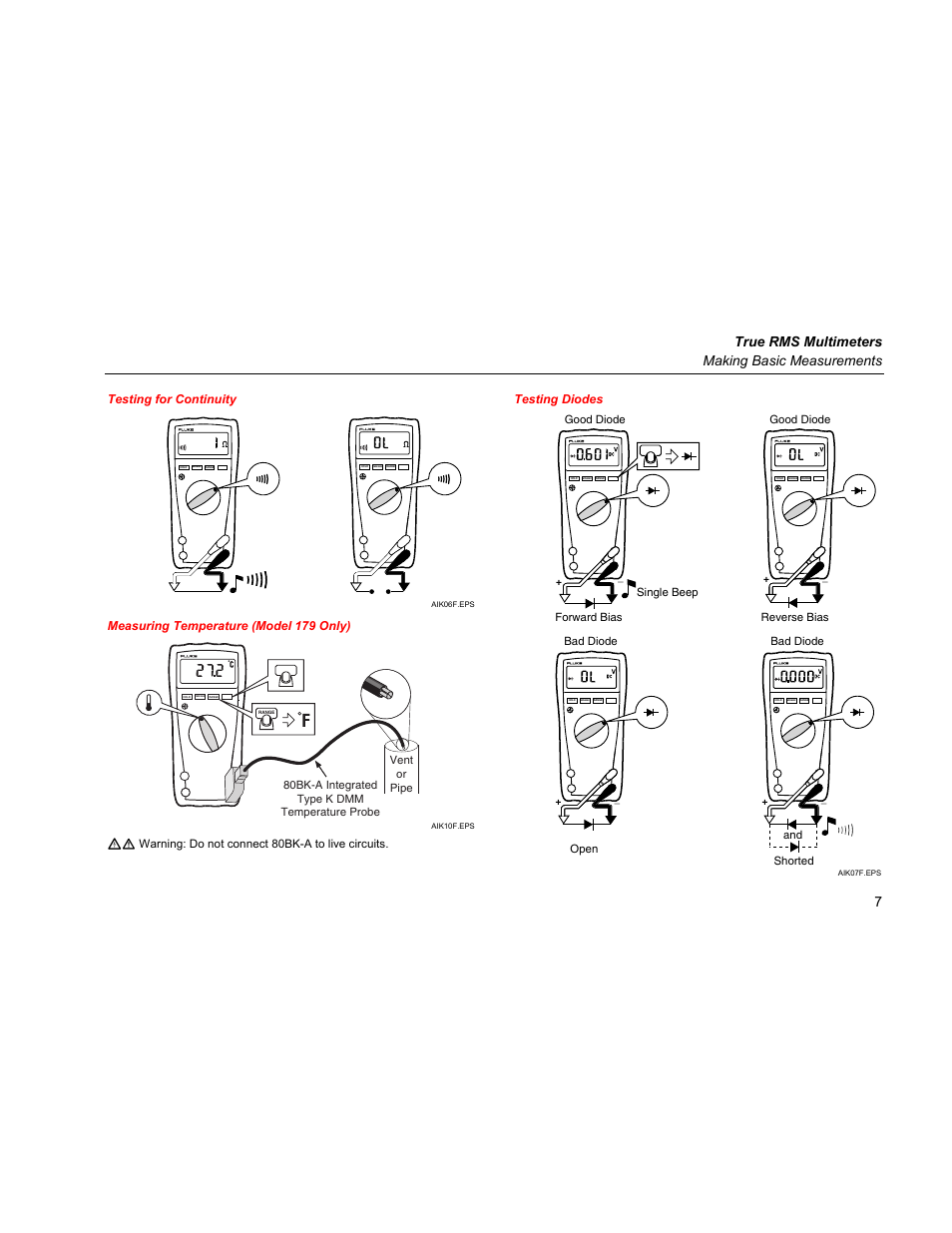 Testing for continuity, Measuring temperature (model 179 only), Testing diodes | True rms multimeters making basic measurements 7 | Fluke 179 User Manual | Page 11 / 18