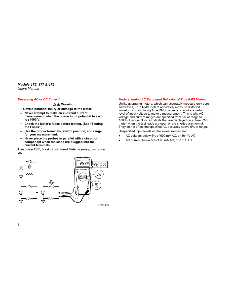 Measuring ac or dc current | Fluke 179 User Manual | Page 12 / 18