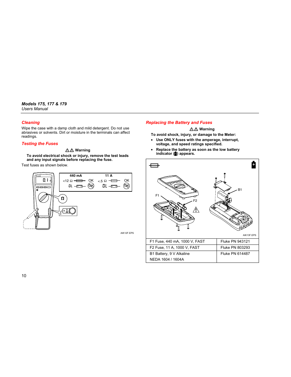 Cleaning, Testing the fuses, Replacing the battery and fuses | Fluke 179 User Manual | Page 14 / 18