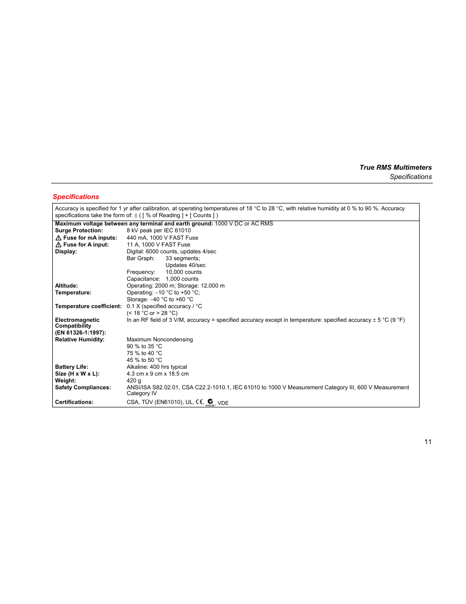 Specifications | Fluke 179 User Manual | Page 15 / 18