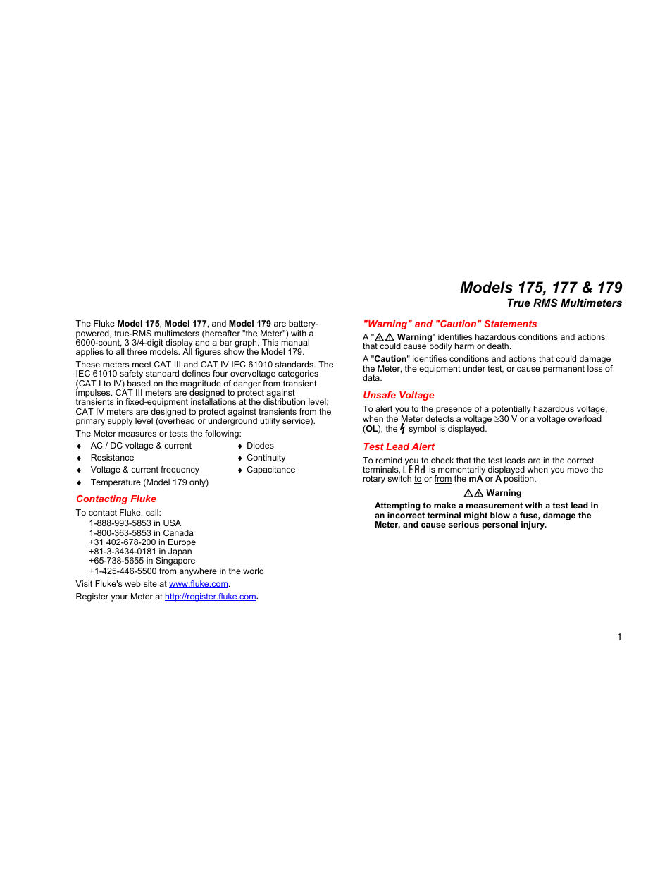 Contacting fluke, Warning" and "caution" statements, Unsafe voltage | Test lead alert | Fluke 179 User Manual | Page 5 / 18