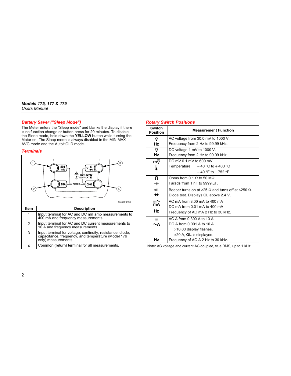 Battery saver ("sleep mode"), Terminals, Rotary switch positions | Fluke 179 User Manual | Page 6 / 18