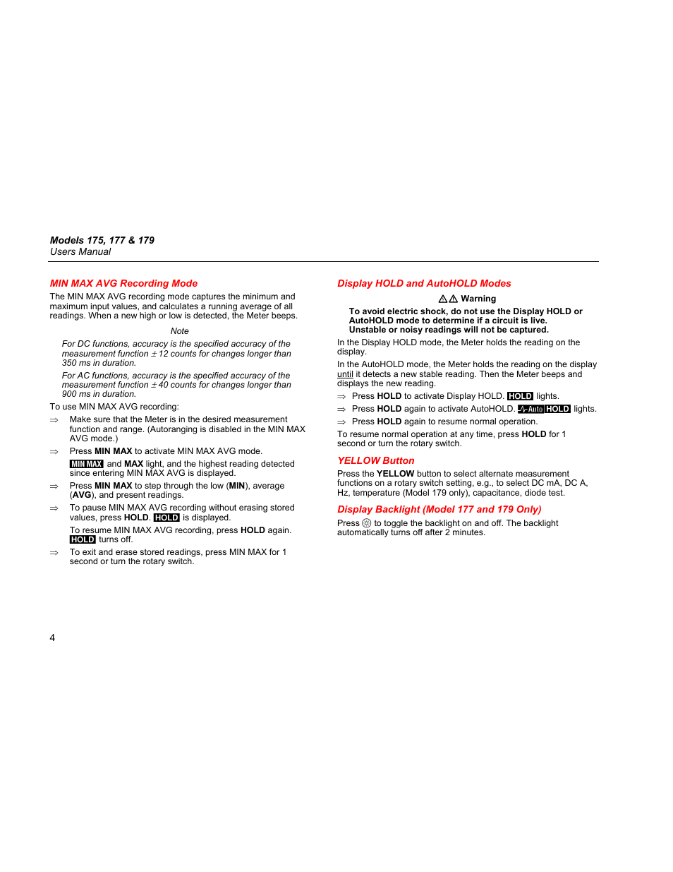 Min max avg recording mode, Display hold and autohold modes, Yellow button | Display backlight (model 177 and 179 only) | Fluke 179 User Manual | Page 8 / 18
