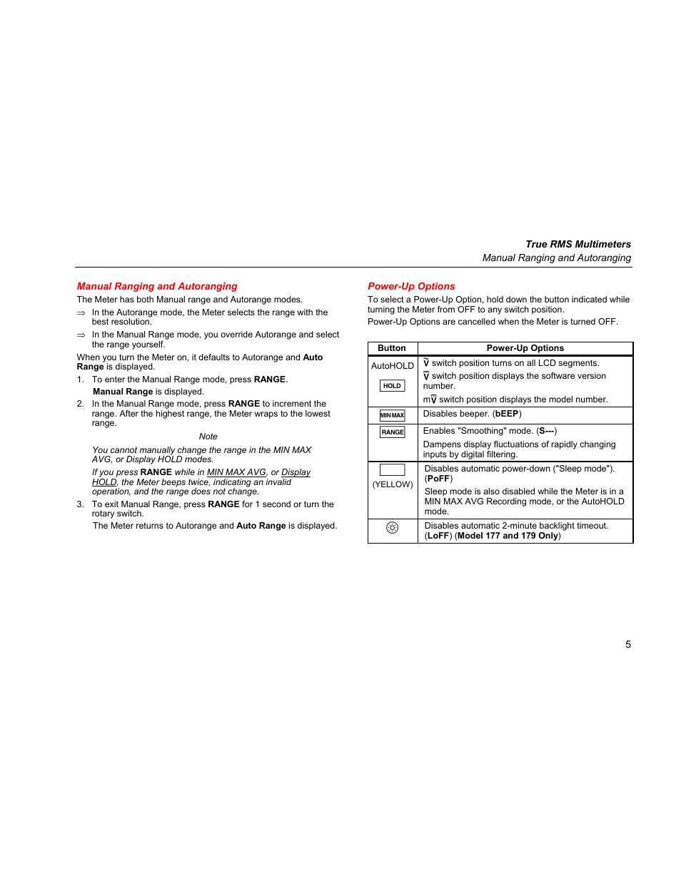 Manual ranging and autoranging, Power-up options | Fluke 179 User Manual | Page 9 / 18