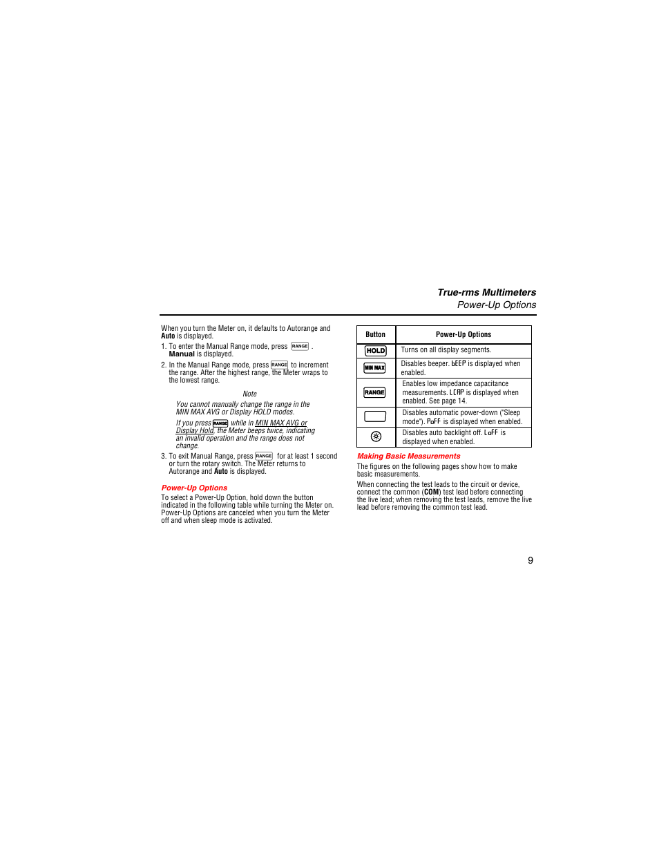 Power-up options, Making basic measurements | Fluke 117 User Manual | Page 11 / 26