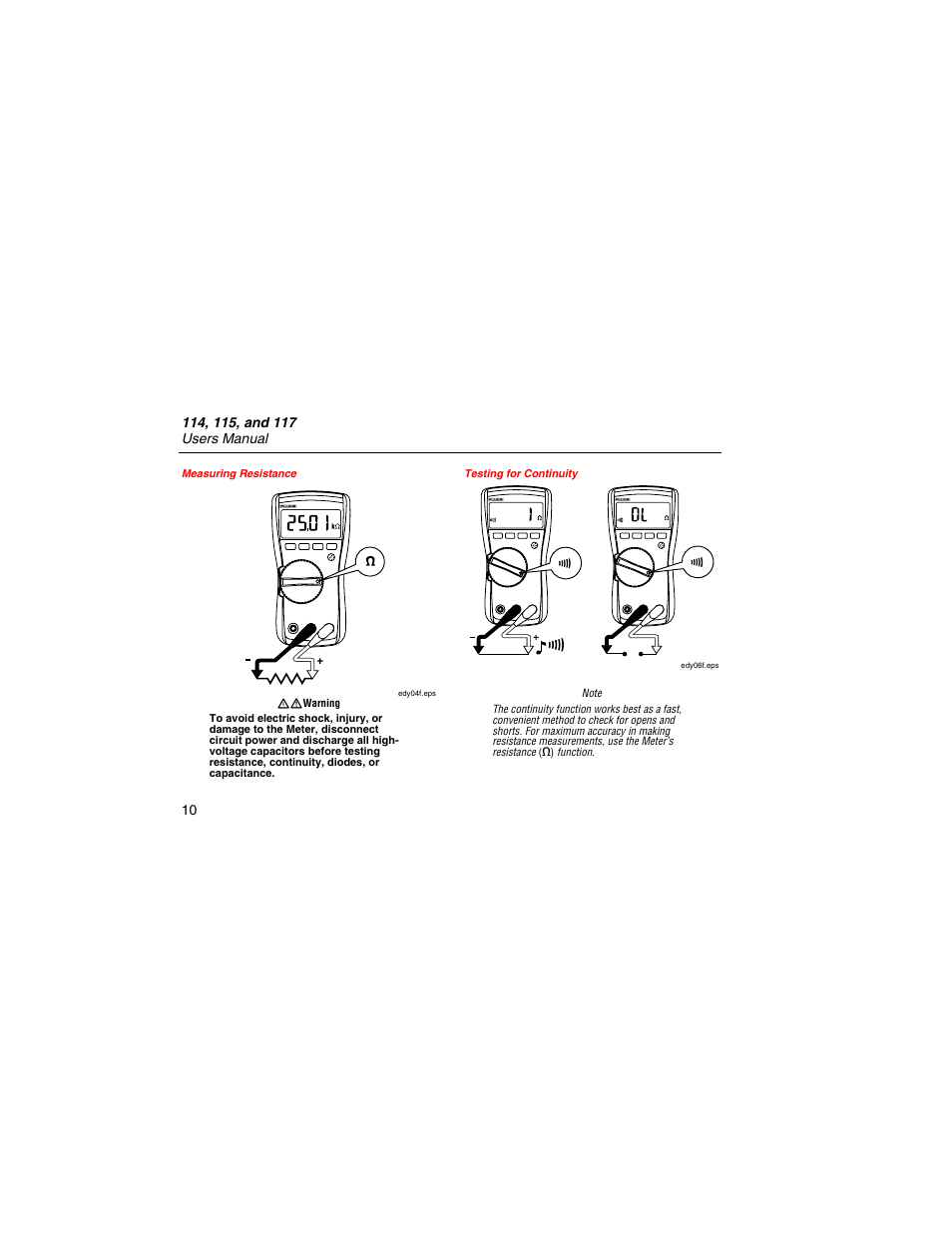 Measuring resistance, Testing for continuity | Fluke 117 User Manual | Page 12 / 26