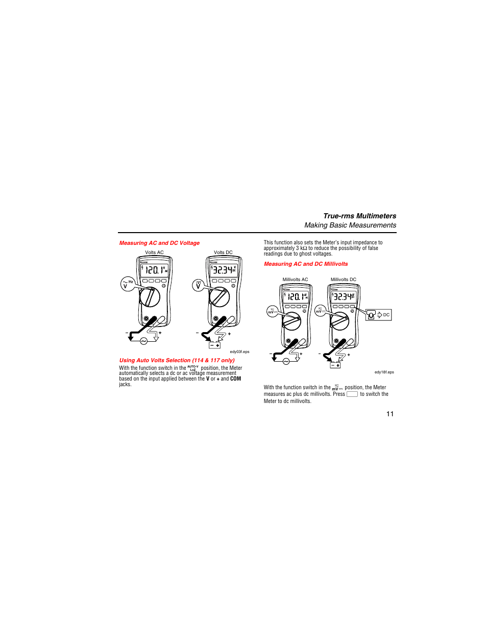 Measuring ac and dc voltage, Using auto volts selection (114 & 117 only), Measuring ac and dc millivolts | Fluke 117 User Manual | Page 13 / 26