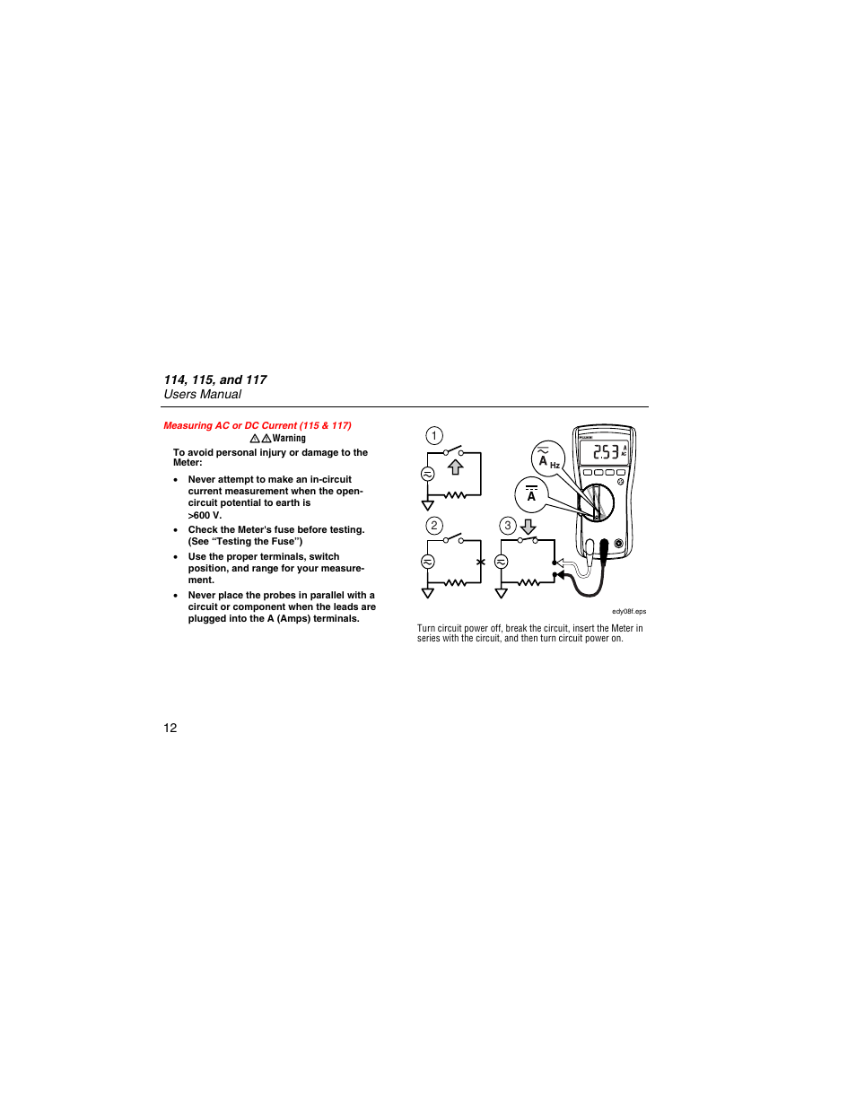 Measuring ac or dc current (115 & 117) | Fluke 117 User Manual | Page 14 / 26