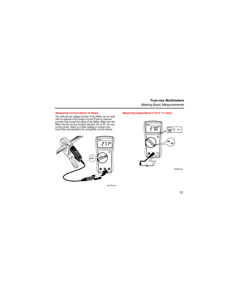 Measuring current above 10 amps, Measuring capacitance (115 & 117 only) | Fluke 117 User Manual | Page 15 / 26