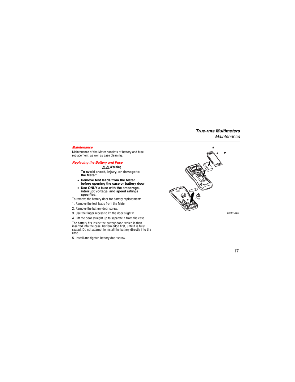 Maintenance, Replacing the battery and fuse | Fluke 117 User Manual | Page 19 / 26
