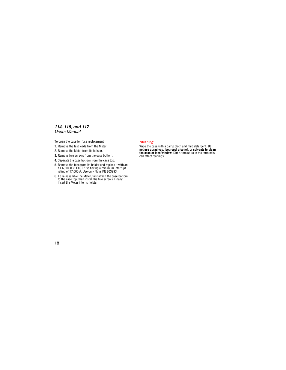 Cleaning | Fluke 117 User Manual | Page 20 / 26
