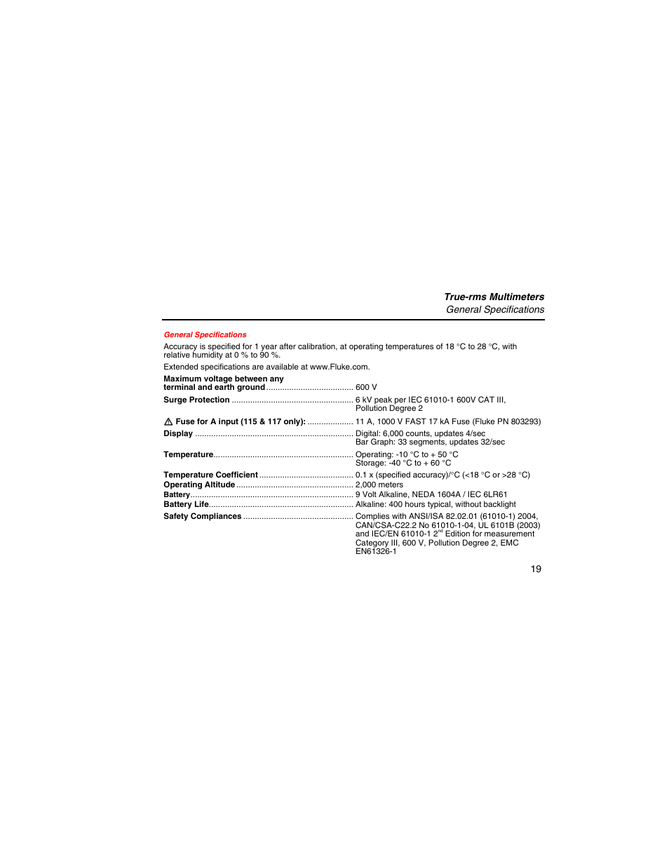 General specifications | Fluke 117 User Manual | Page 21 / 26