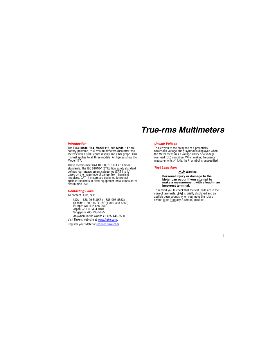 True-rms multimeters, Introduction, Contacting fluke | Unsafe voltage, Test lead alert | Fluke 117 User Manual | Page 3 / 26