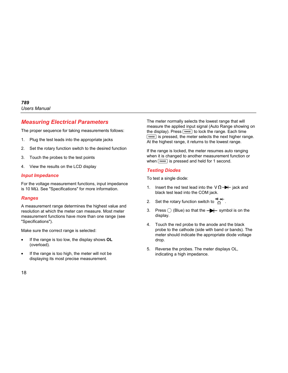 Measuring electrical parameters, Input impedance, Ranges | Testing diodes | Fluke 789 User Manual | Page 26 / 54