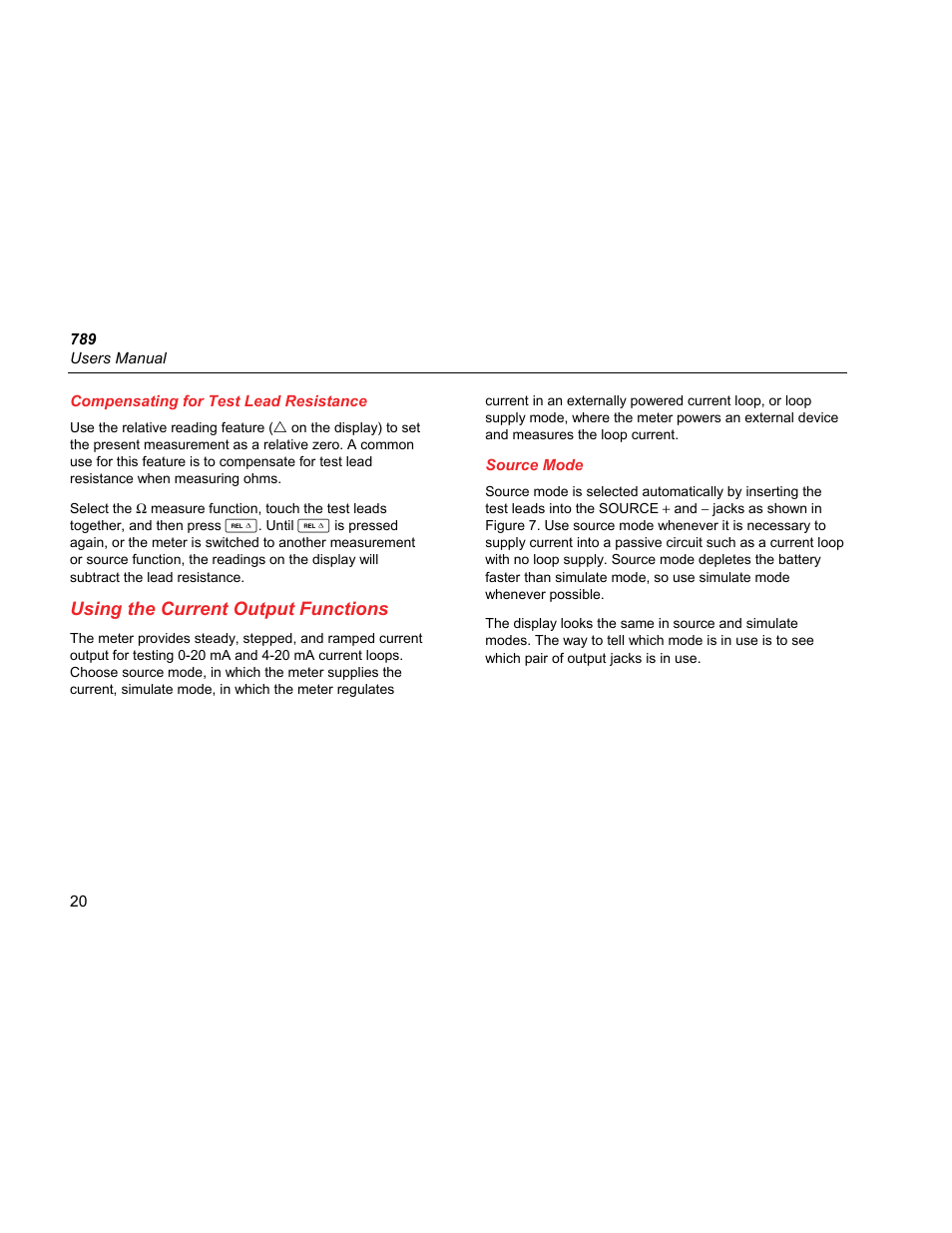 Compensating for test lead resistance, Using the current output functions, Source mode | Fluke 789 User Manual | Page 28 / 54