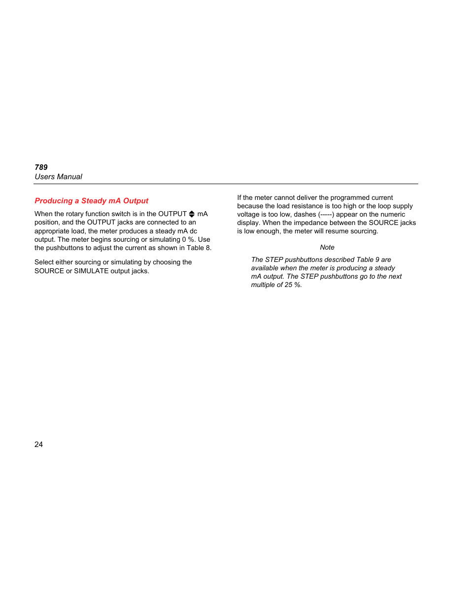 Producing a steady ma output | Fluke 789 User Manual | Page 32 / 54