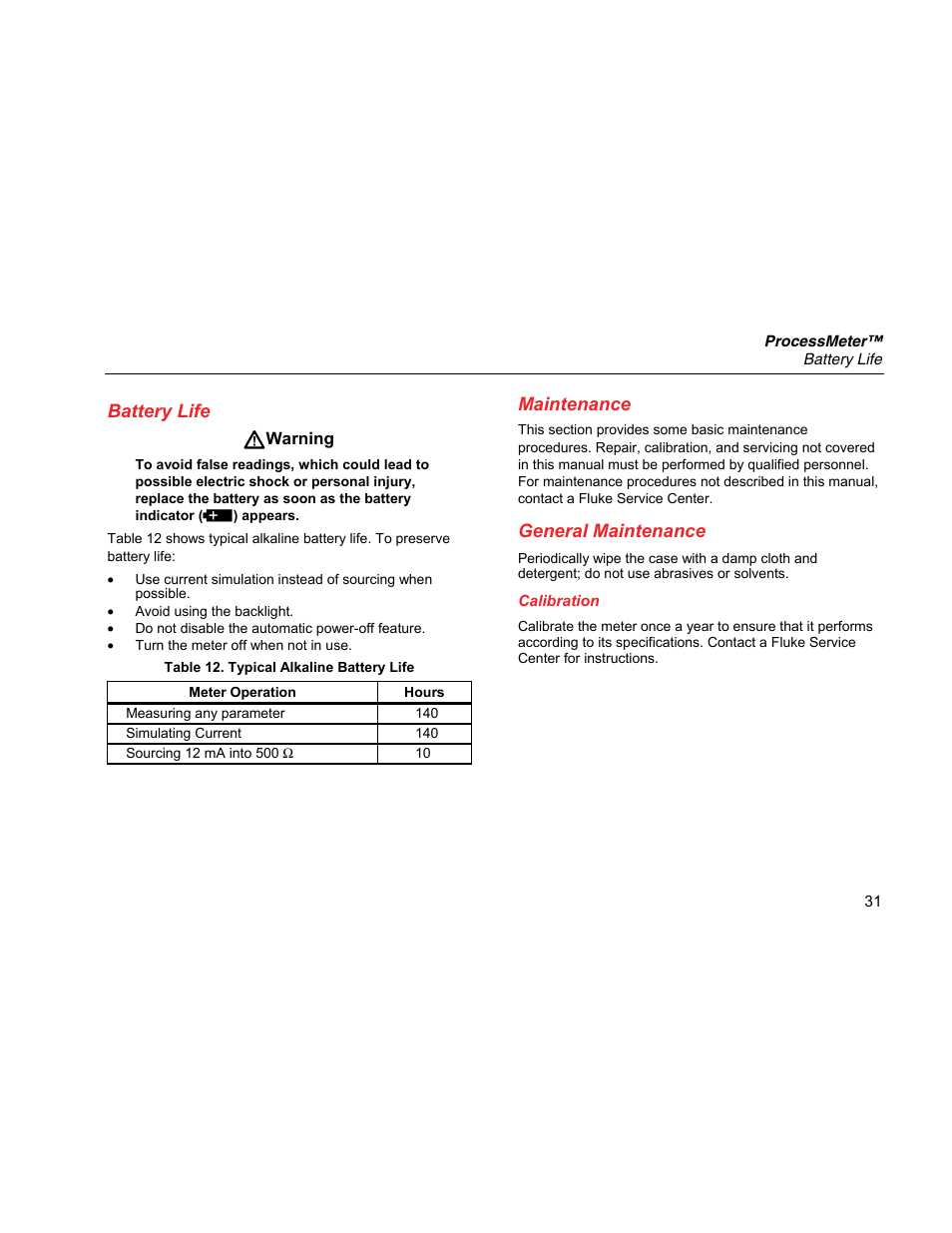 Battery life, Maintenance, General maintenance | Calibration | Fluke 789 User Manual | Page 39 / 54