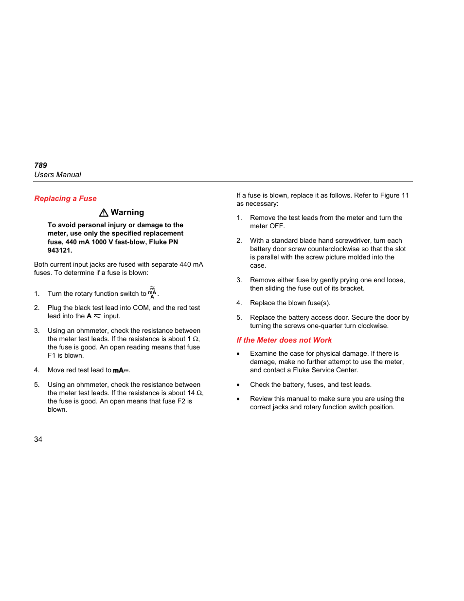 Replacing a fuse, If the meter does not work | Fluke 789 User Manual | Page 42 / 54