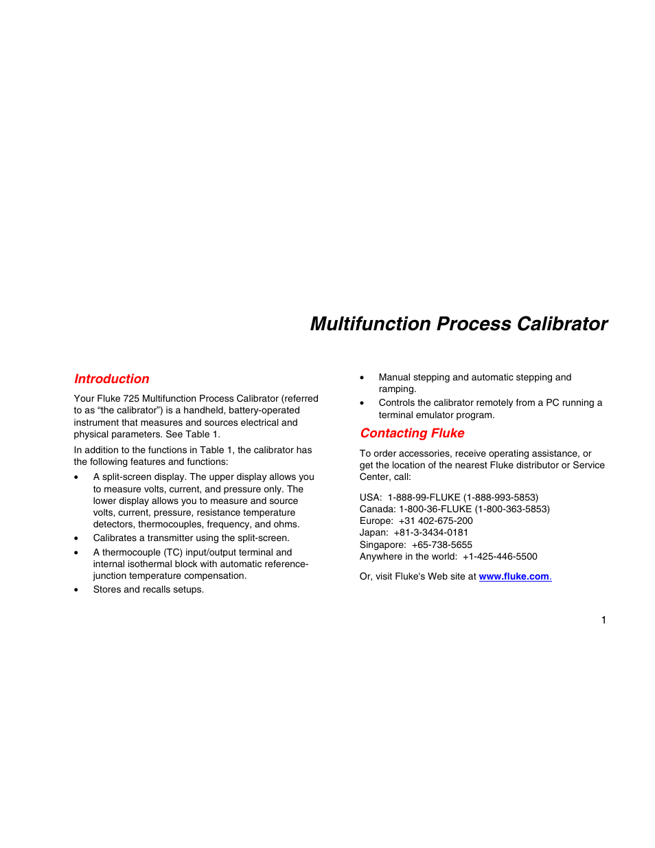 Multifunction process calibrator, Introduction, Contacting fluke | Fluke 725 User Manual | Page 11 / 72