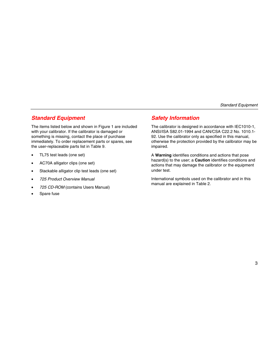 Standard equipment, Safety information | Fluke 725 User Manual | Page 13 / 72