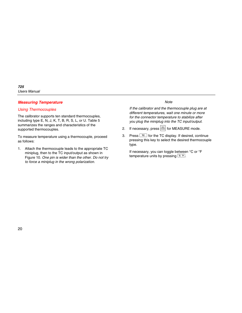 Measuring temperature, Using thermocouples | Fluke 725 User Manual | Page 30 / 72