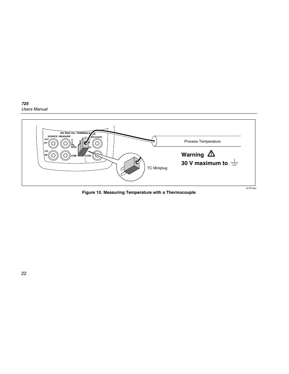 Warning 30 v maximum to, 725 users manual | Fluke 725 User Manual | Page 32 / 72