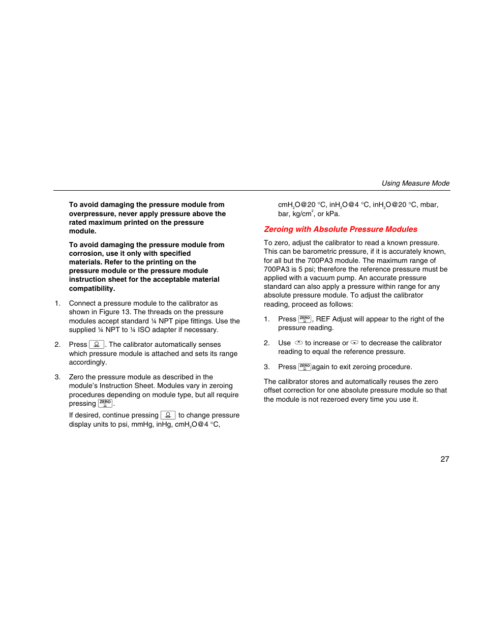 Zeroing with absolute pressure modules | Fluke 725 User Manual | Page 37 / 72