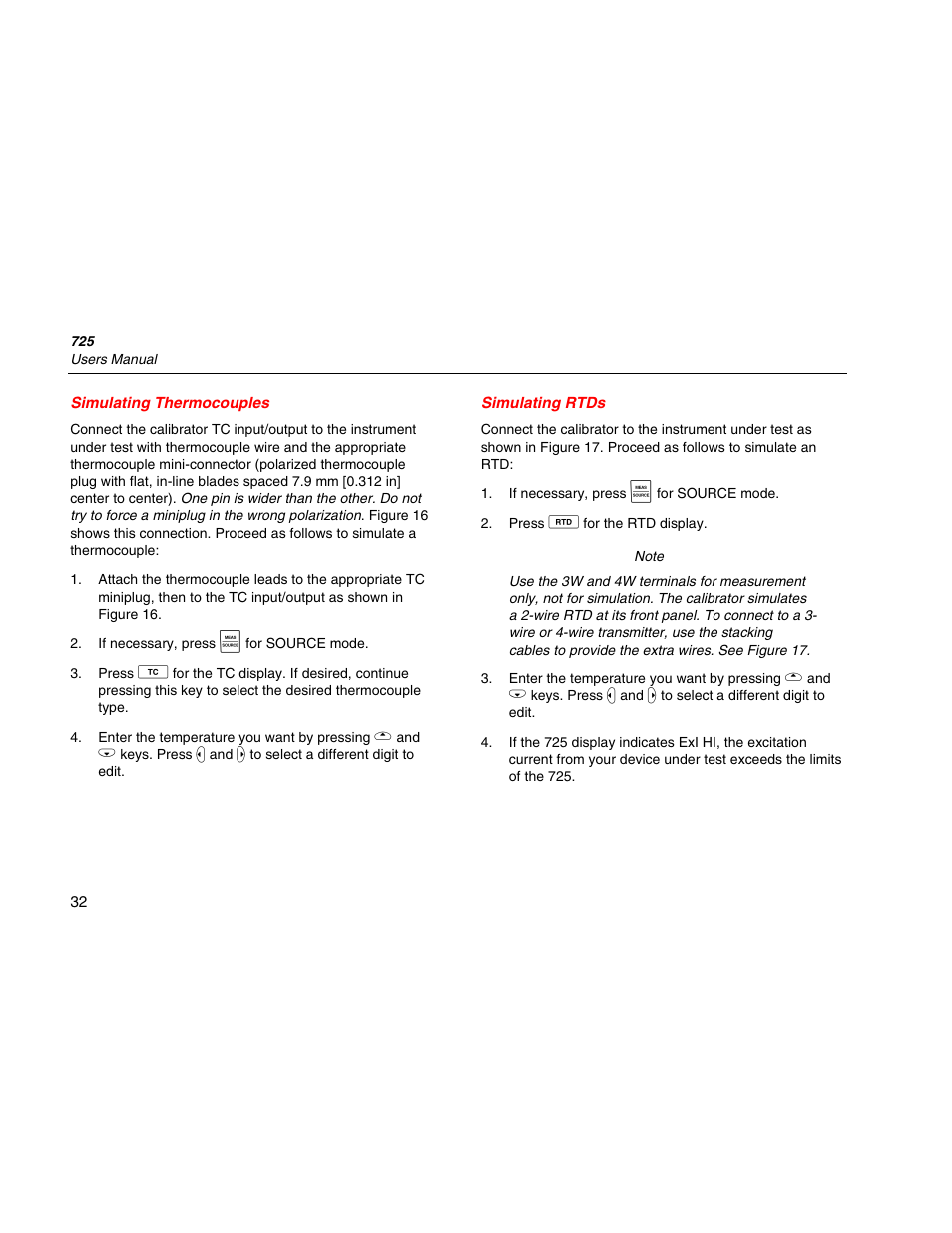 Simulating thermocouples, Simulating rtds | Fluke 725 User Manual | Page 42 / 72