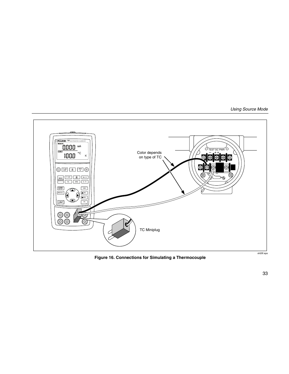 Using source mode, Color depends on type of tc, Tc miniplug | Fluke 725 User Manual | Page 43 / 72