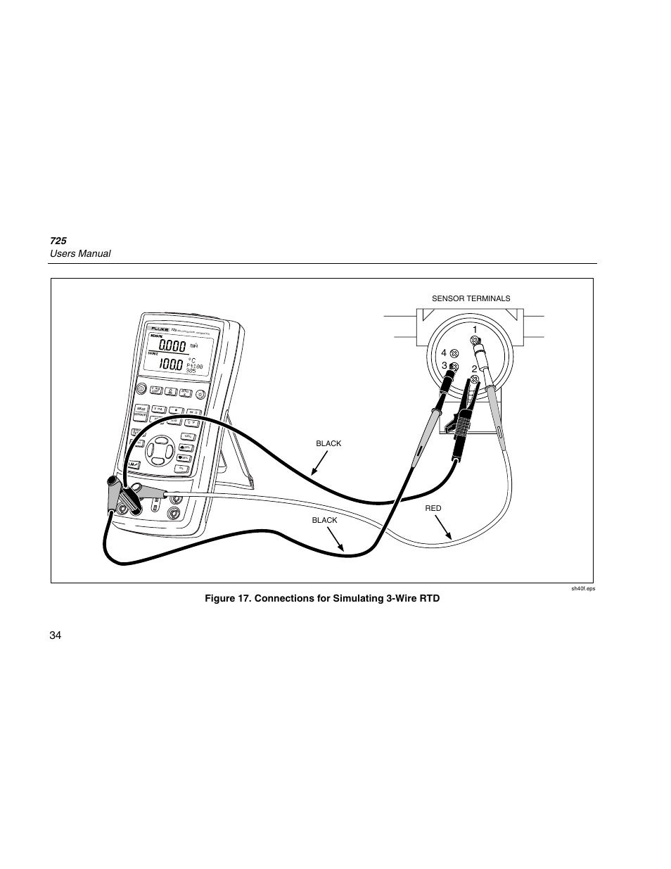 725 users manual, Figure 17. connections for simulating 3-wire rtd | Fluke 725 User Manual | Page 44 / 72