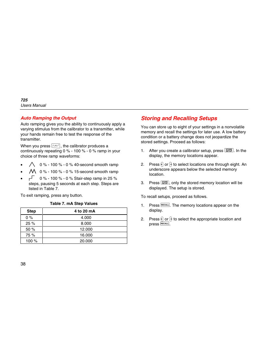 Auto ramping the output, Storing and recalling setups | Fluke 725 User Manual | Page 48 / 72