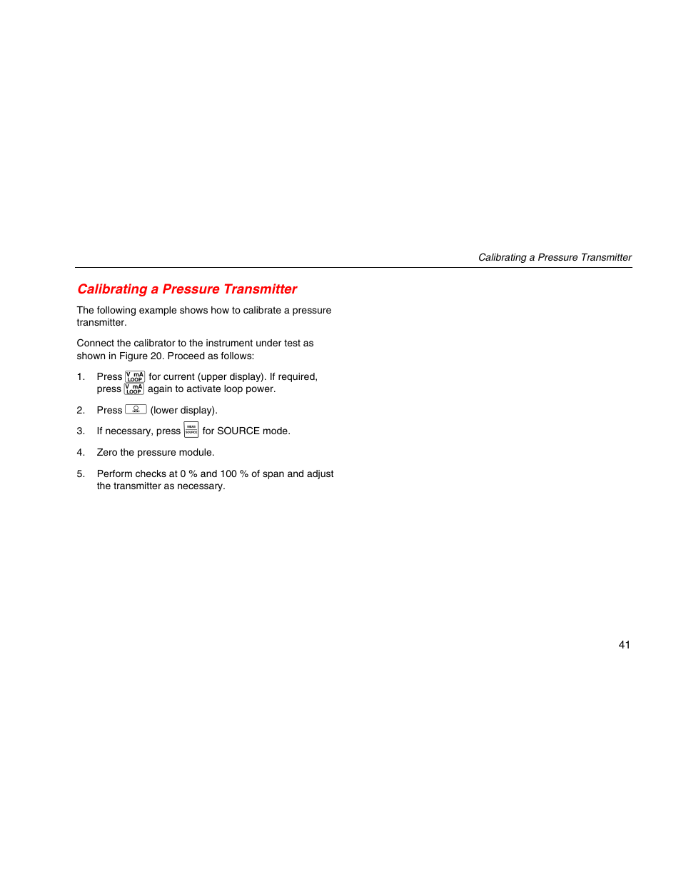 Calibrating a pressure transmitter | Fluke 725 User Manual | Page 51 / 72