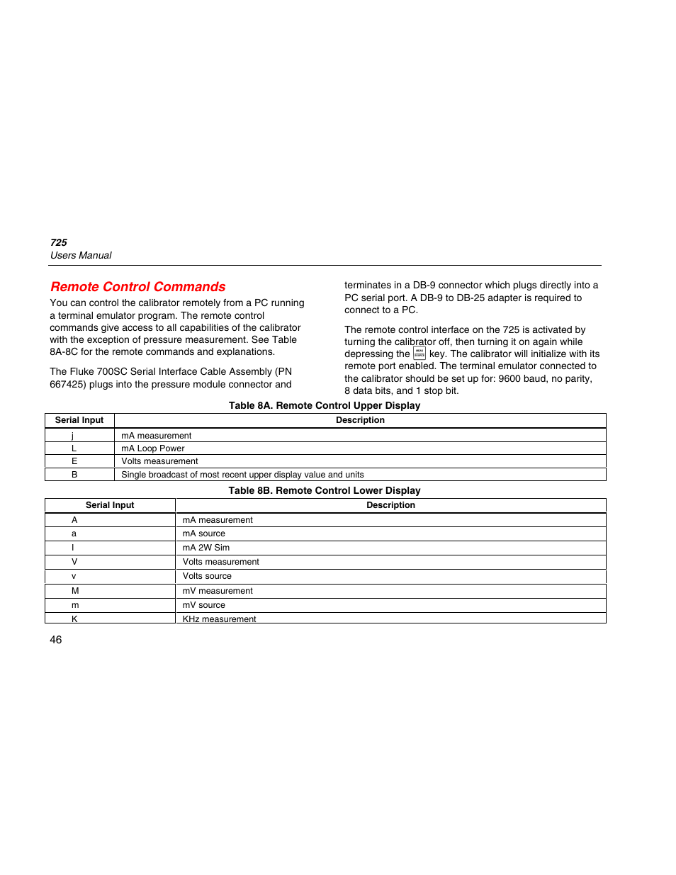 Remote control commands | Fluke 725 User Manual | Page 56 / 72