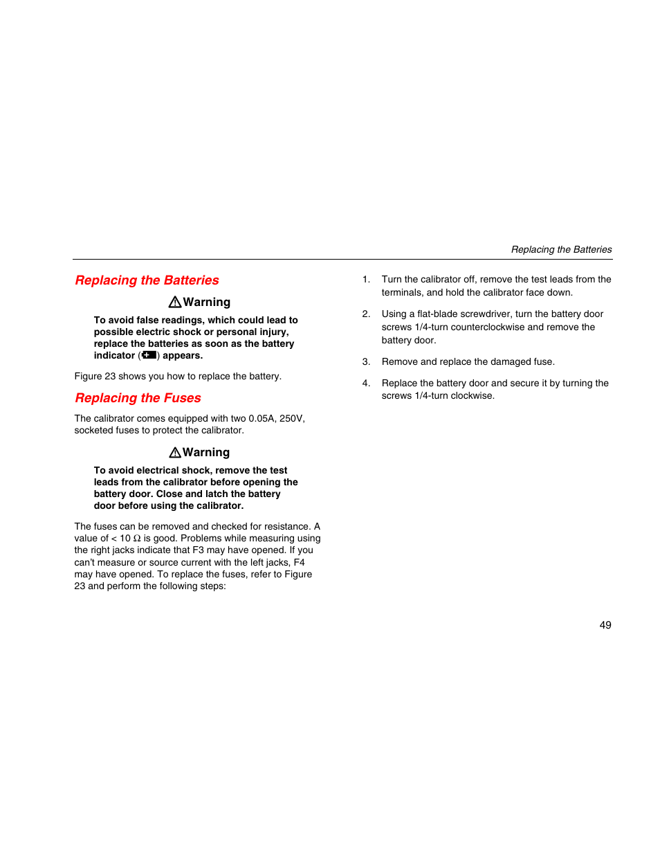 Replacing the batteries, Replacing the fuses | Fluke 725 User Manual | Page 59 / 72