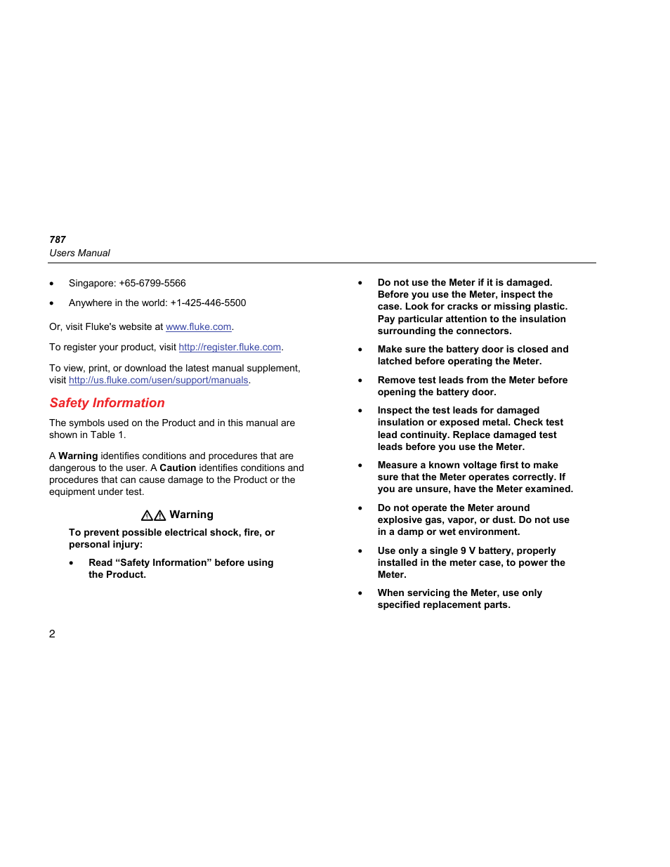 Safety information | Fluke 787 User Manual | Page 10 / 52