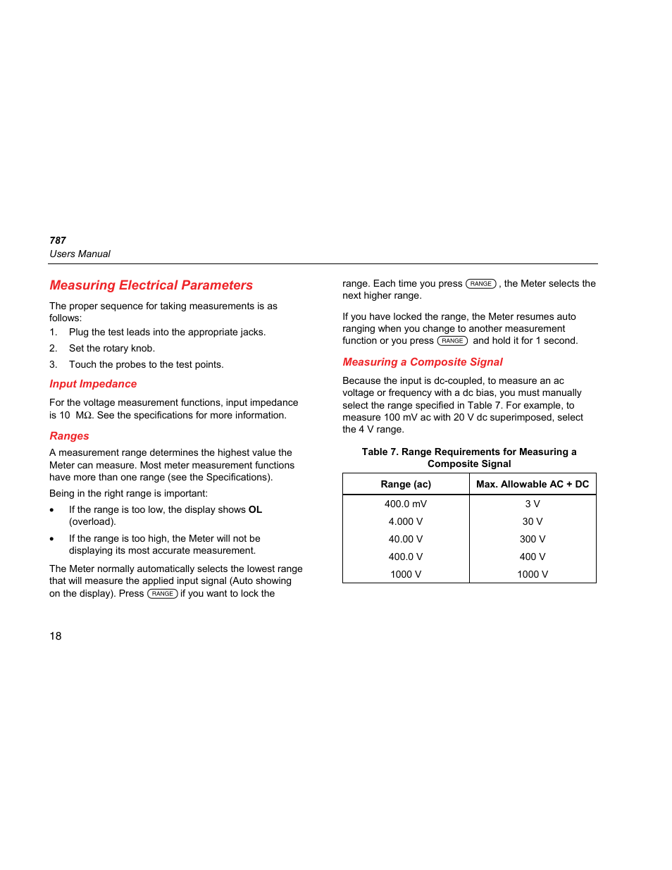 Measuring electrical parameters, Input impedance, Ranges | Measuring a composite signal | Fluke 787 User Manual | Page 26 / 52