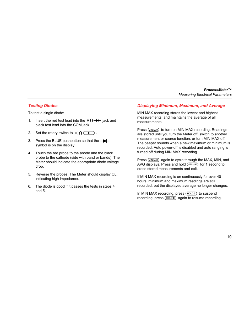 Testing diodes, Displaying minimum, maximum, and average | Fluke 787 User Manual | Page 27 / 52