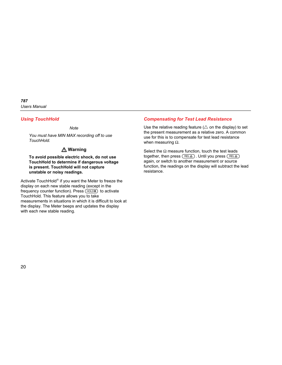 Using touchhold, Compensating for test lead resistance | Fluke 787 User Manual | Page 28 / 52
