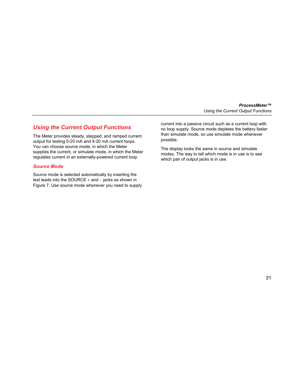 Using the current output functions, Source mode | Fluke 787 User Manual | Page 29 / 52