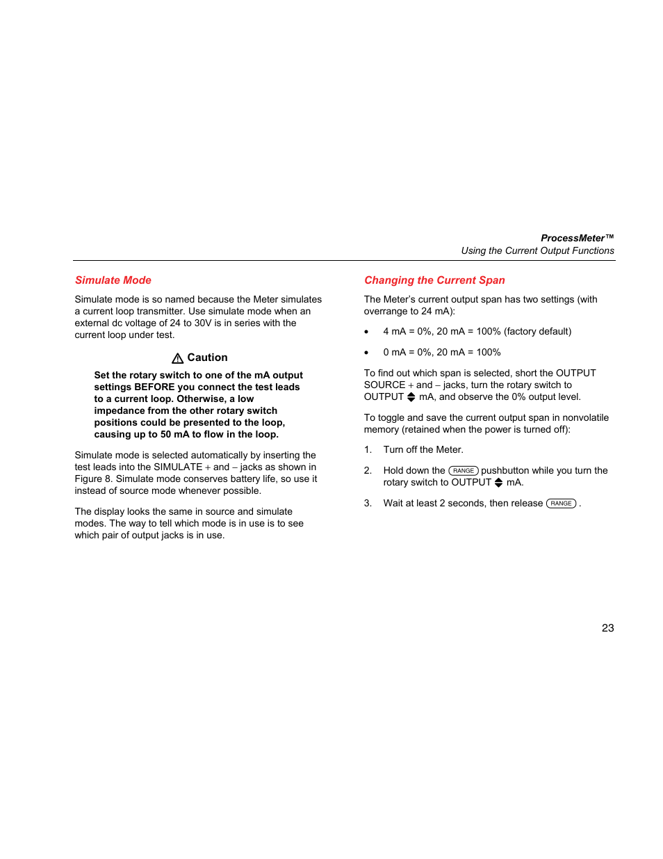 Simulate mode, Changing the current span | Fluke 787 User Manual | Page 31 / 52