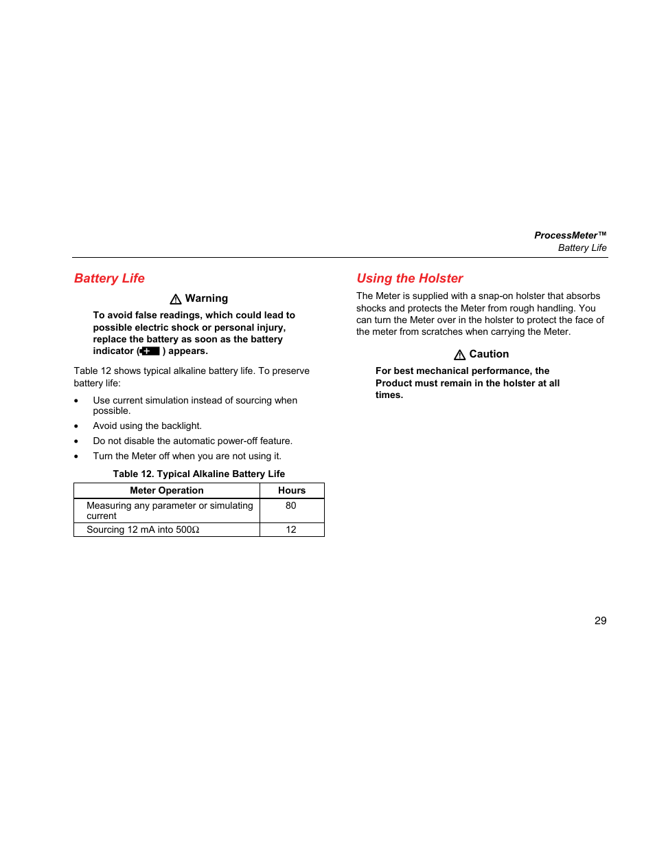 Battery life, Using the holster | Fluke 787 User Manual | Page 37 / 52