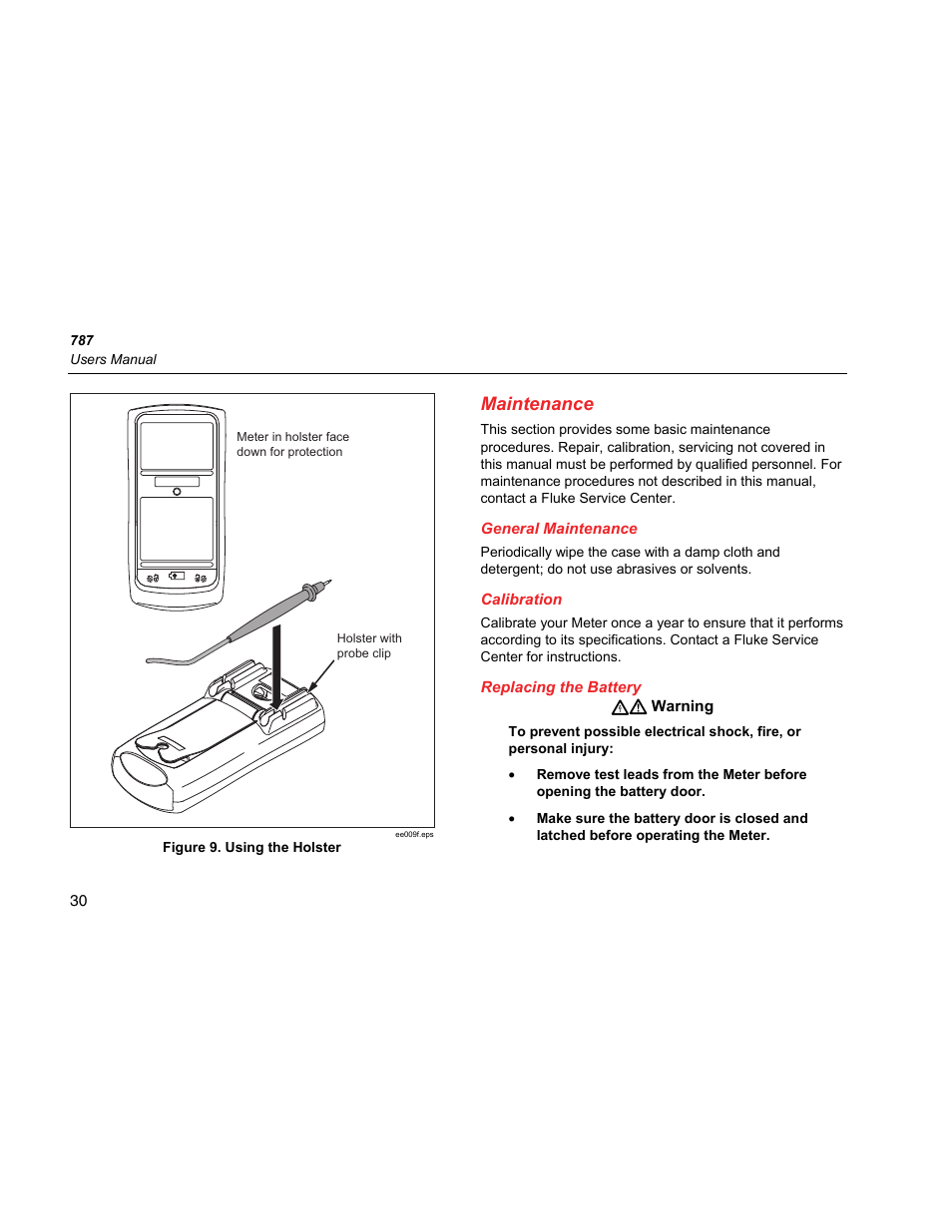 Maintenance, General maintenance, Calibration | Replacing the battery | Fluke 787 User Manual | Page 38 / 52