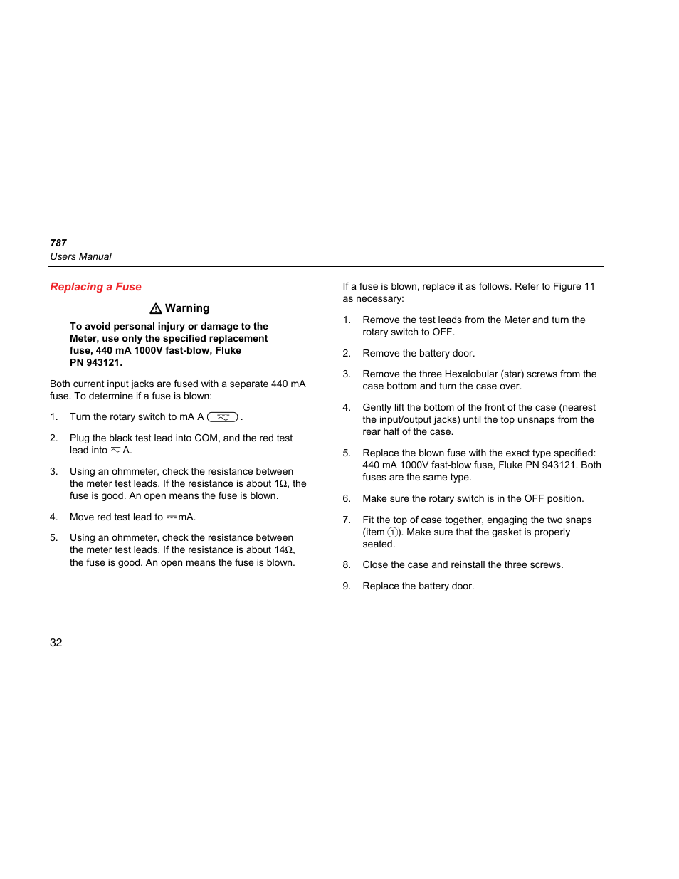Replacing a fuse | Fluke 787 User Manual | Page 40 / 52