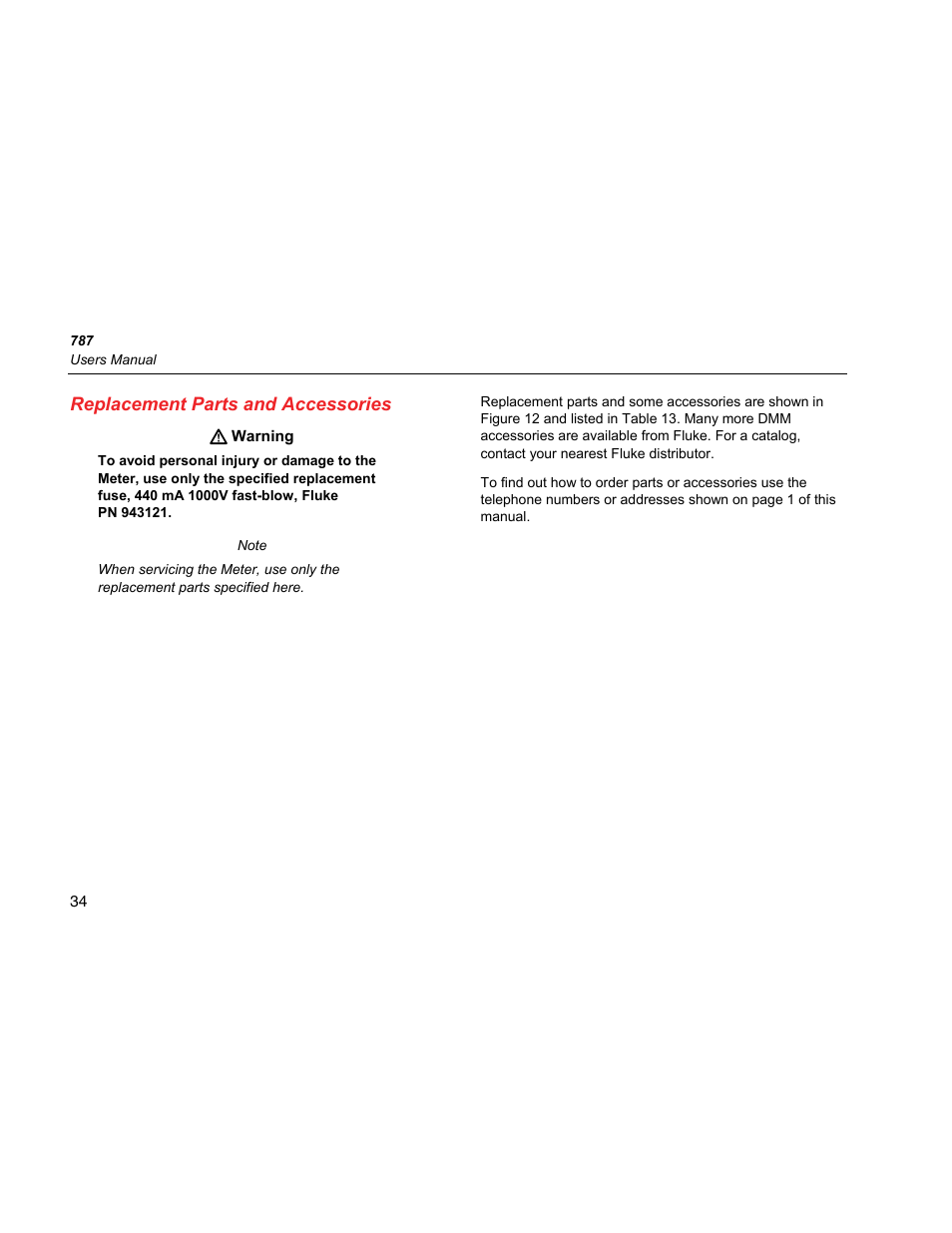Replacement parts and accessories | Fluke 787 User Manual | Page 42 / 52