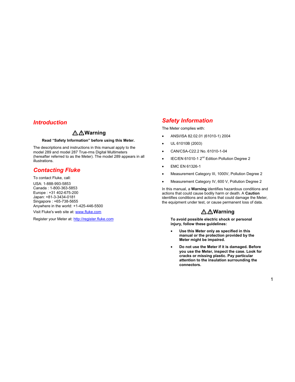 Introduction, Contacting fluke, Safety information | Xw warning | Fluke 289 User Manual | Page 11 / 88